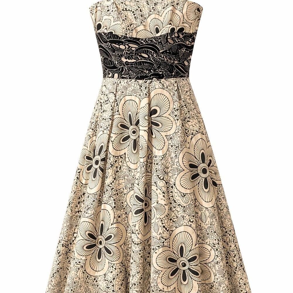 Kay Unger NY Strapless Floral Midi Dress Sz 4 Black Cream Fit Flare